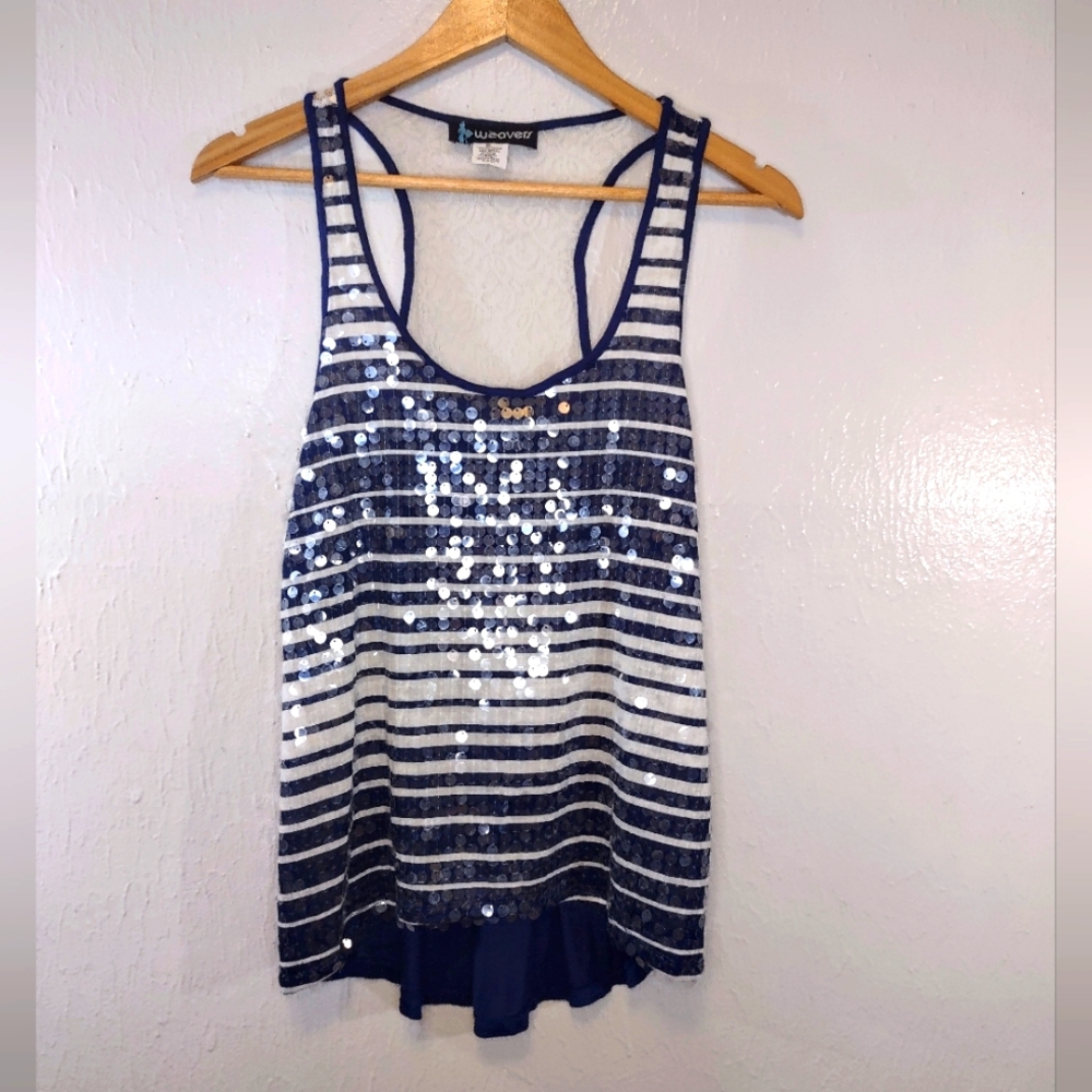 Vintage Weavers Y2K Sequin Lace Cami Sz M Tank Top Racerback Blue Hi-Lo Mermaid